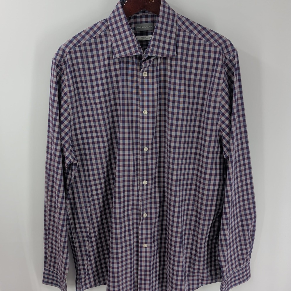 Michael Kors Airsoft Stretch Long Sleeve Check Button Up Shirt Purple 17 34x35 - Picture 2 of 9